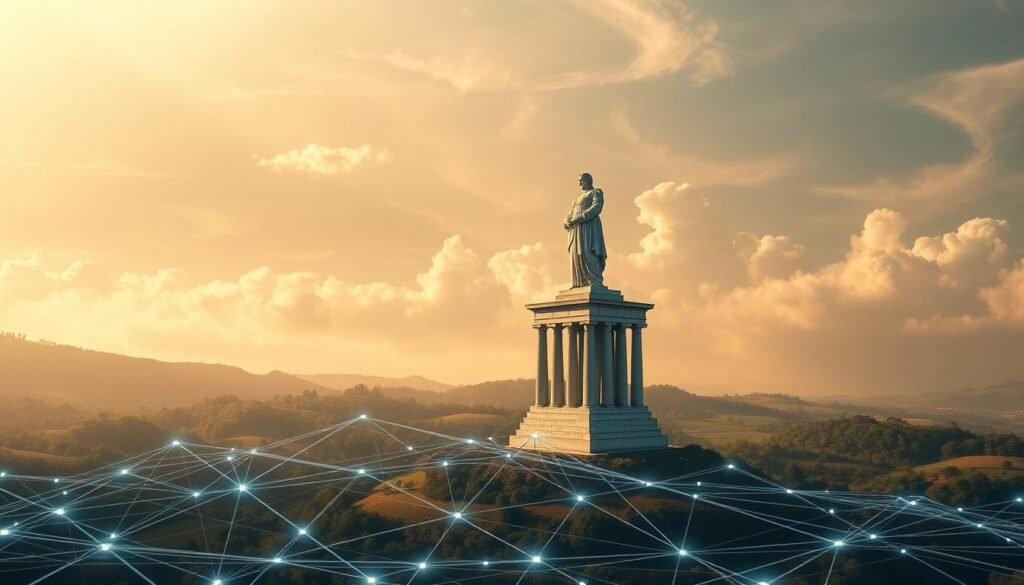 Trajectoire historique cardano, a sweeping visualization of Cardano's evolution. In the foreground, a sleek, futuristic data visualization depicting the blockchain's growth over time, with lines and shapes tracing its historic journey. In the middle ground, a towering Grecian-inspired statue of Cardano's namesake, Gerolamo Cardano, gazing thoughtfully into the distance. The background features a lush, ethereal landscape, with swirling clouds and a warm, golden light casting a serene, contemplative atmosphere. The scene evokes a sense of the blockchain's rich history, its profound impact, and its potential for continued advancement, captured through a harmonious blend of technology, art, and natural elements.