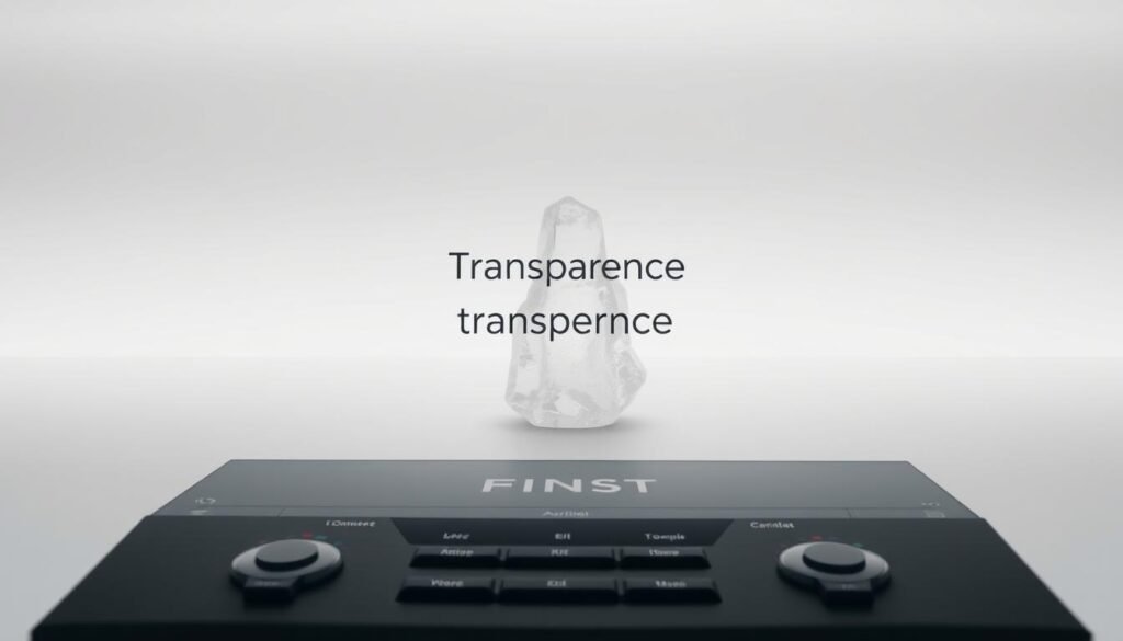 Transparence frais finst: A serene, minimalist composition showcasing the Finst cryptocurrency platform's optimized offering. In the foreground, a clean, elegant interface with intuitive controls and a prominent "Transparence" heading. The middle ground features a translucent, crystalline structure, symbolizing the platform's commitment to transparency. Soft, diffused lighting illuminates the scene, creating a sense of clarity and trustworthiness. The background is a muted, monochromatic palette, allowing the central elements to take center stage. Captured with a wide-angle lens to emphasize the platform's comprehensive and streamlined approach to crypto fees and charges.