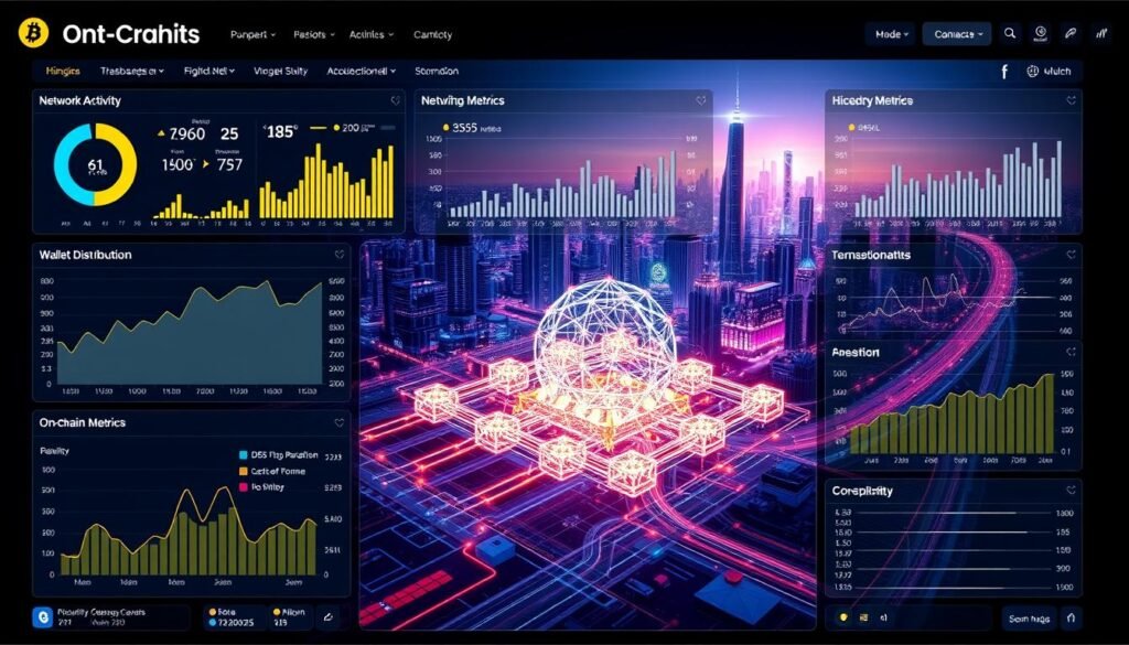 A data visualization dashboard displaying a comprehensive analysis of on-chain indicators for a cryptocurrency project. The foreground features various interactive charts, graphs, and metrics tracking network activity, wallet distribution, transaction patterns, and other on-chain metrics. The middle ground showcases a 3D model of a blockchain network, pulsing with dynamic visualizations. The background depicts a futuristic cityscape with skyscrapers and neon-lit streets, representing the broader cryptocurrency ecosystem. The overall scene conveys a sense of technical expertise, data-driven insights, and a deep understanding of blockchain technology.