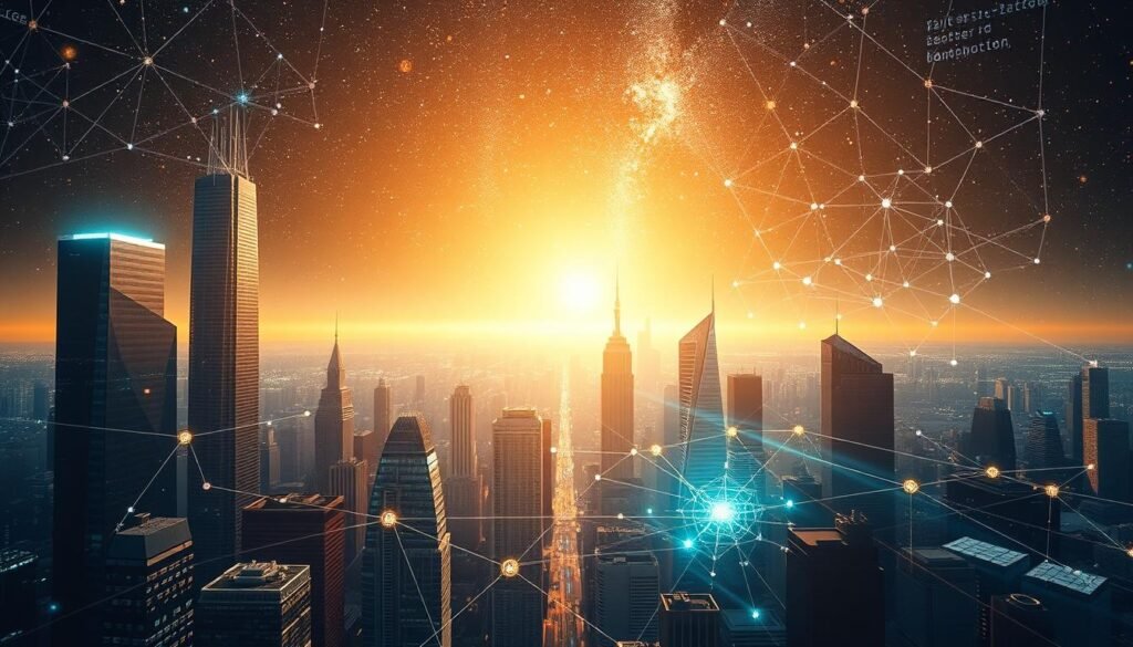 A decentralized blockchain universe, where digital assets and smart contracts flow effortlessly. In the foreground, a futuristic cityscape of towering skyscrapers and gleaming holographic interfaces. Scattered throughout, fragments of code and cryptographic symbols hover, symbolizing the underlying decentralized infrastructure. In the middle ground, a network of interconnected nodes pulsates with energy, representing the distributed ledger technology at the heart of this ecosystem. The background depicts a vast, starry sky, conveying the boundless potential and global reach of this revolutionary financial landscape. Soft, warm lighting illuminates the scene, creating a sense of wonder and innovation. Captured through a wide-angle lens, the composition emphasizes the scale and complexity of this decentralized universe.