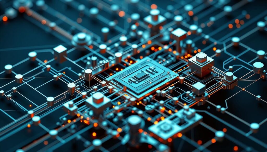 A detailed 3D rendered image of the inner workings of a blockchain system. Show the complex network of interconnected nodes, distributed ledger, and cryptographic algorithms that power decentralized finance (DeFi). Depict the flow of transactions, data validation, and consensus mechanisms in a visually striking and technically accurate manner. Use a minimalist, high-contrast color palette to highlight the core components. Incorporate subtle dynamic effects like particle animations to convey the sense of an active, ever-evolving system. Capture the innovative, futuristic spirit of DeFi in a sleek, sophisticated composition.