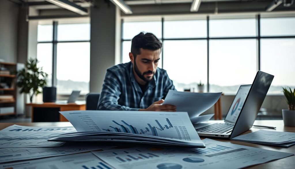 A detailed, analytical scene depicting the fundamental analysis of a crypto project. In the foreground, a researcher's desk with various financial reports, charts, and a laptop displaying complex data visualizations. In the middle ground, a researcher intently studying the materials, their expression one of deep contemplation. The background features a clean, minimalist office setting with large windows allowing natural light to filter in, creating a sense of focus and clarity. The overall mood is one of diligent, thoughtful investigation, capturing the essence of thorough fundamental analysis before making any investment decisions.