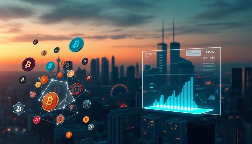 A detailed and analytical view of cryptocurrency, showcased through a stylized digital illustration. In the foreground, various cryptocurrency symbols and icons float in a geometric, futuristic arrangement, suggesting the complex data and analytics involved in crypto analysis. The middle ground features a holographic display with charts, graphs, and financial metrics, casting a soft, ethereal glow. The background depicts a minimalist city skyline at dusk, with towering skyscrapers and a moody, pensive atmosphere, hinting at the high-stakes financial landscape of the crypto world. Lighting is a combination of warm, diffused tones and cool, neon-like accents, creating a visually striking and contemplative scene.