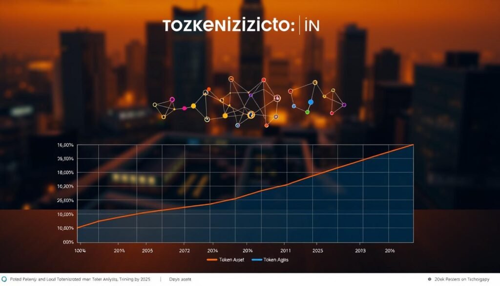 A detailed, data-driven analysis of the tokenization market, presented in a sleek, modern infographic. A gridline chart in the foreground displays the projected growth and adoption rates of various tokenized asset classes by 2025, with intuitive icons and clean typography. In the middle ground, a series of colorful, abstract geometric shapes and forms symbolize the interconnectedness and complexity of the tokenization ecosystem. The background features a dynamic, blurred cityscape, hinting at the global impact and scale of this emerging financial technology. Warm, directional lighting casts dramatic shadows, evoking a sense of authority and professionalism. The overall visual style is minimal, sophisticated, and designed to clearly communicate the key insights of the market analysis.