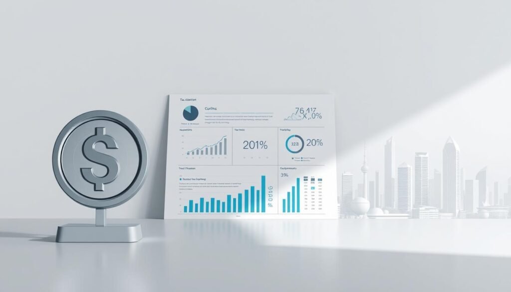 A detailed financial report on cryptocurrency taxation, presented in a clean, professional style. The foreground shows a stylized icon of a digital wallet or coin, with sleek lines and a metallic sheen, conveying the modern, technological nature of the subject matter. The middle ground features a series of analytical charts and graphs, showcasing key tax-related data and statistics in a clear, data-driven manner. The background depicts a minimalist, futuristic cityscape, with skyscrapers and infrastructure hinting at the broader economic and regulatory environment surrounding cryptocurrencies. The overall scene is illuminated by a soft, directional lighting that casts subtle shadows, creating depth and a sense of depth. The color palette is muted and professional, with a focus on grays, blues, and metallic accents to reinforce the financial and technological themes.