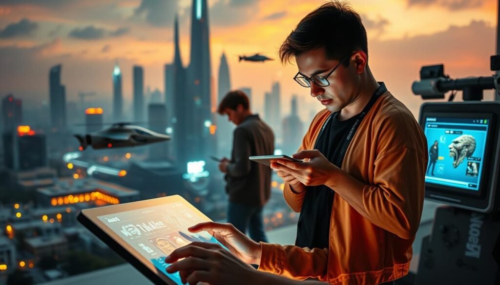 A detailed guide on creating, buying, and selling NFTs. In the foreground, an artist using a digital tablet to craft a unique NFT design, their face illuminated by the screen's glow. In the middle ground, a person browsing an online NFT marketplace, considering various digital artworks. In the background, a futuristic cityscape with skyscrapers and hovering vehicles, symbolizing the cutting-edge technology powering the NFT ecosystem. The lighting is a mix of warm, natural tones and cool, neon-like hues, creating a sense of balance and depth. The overall mood is one of innovation, creativity, and the endless possibilities of the NFT revolution.