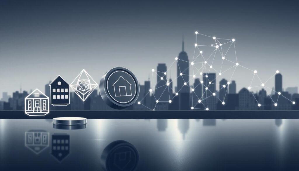 A detailed illustration of real-world assets tokenized on the blockchain. In the foreground, a series of geometric tokens representing various asset classes - real estate, commodities, fine art - hover above a sleek, reflective surface. In the middle ground, a network of interconnected nodes and lines symbolize the distributed ledger technology powering the tokenization process. The background features a subdued, monochromatic cityscape, hinting at the integration of this technology into the built environment. Lighting is soft and diffused, creating a sense of depth and atmosphere. The overall composition conveys the transformative potential of tokenizing tangible assets, a pivotal step towards the decentralized economy.