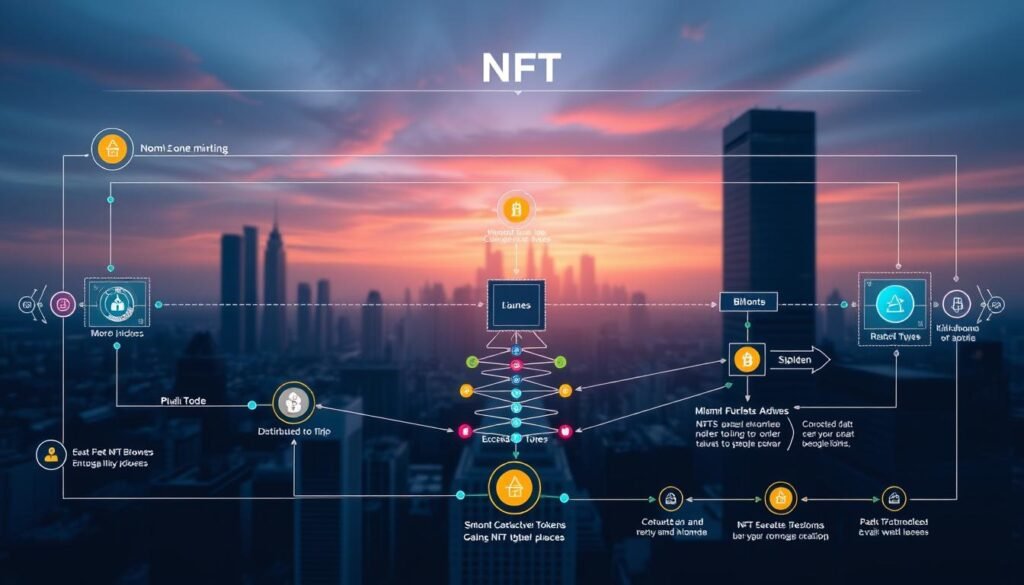 A detailed technical diagram illustrating the inner workings of a blockchain network, focusing on the mechanics of non-fungible tokens (NFTs). The foreground depicts a clear, step-by-step visualization of an NFT minting and transaction process, with colored nodes and interconnected paths. The middle ground shows a blockchain infrastructure with distributed nodes, encrypted data blocks, and validation protocols. The background features a serene, futuristic cityscape with skyscrapers and holographic displays, conveying the cutting-edge technological nature of the NFT ecosystem. The overall tone is one of precision, innovation, and transparency, reflecting the core principles of blockchain technology.