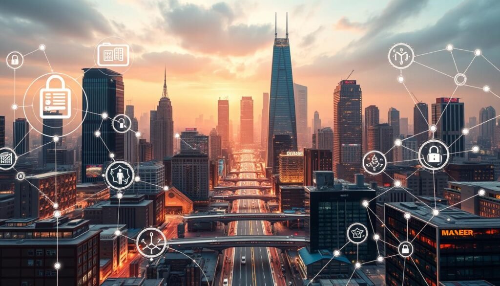 A detailed visualization of blockchain use cases against a backdrop of a modern cityscape. In the foreground, various blockchain-powered applications are illustrated, including secure financial transactions, supply chain traceability, and decentralized identity management. The midground features a bustling urban environment with towering skyscrapers and a network of interconnected devices, symbolizing the integration of blockchain technology into everyday life. The background is illuminated by a warm, futuristic glow, evoking a sense of technological progress and innovation. The scene is captured through a cinematic, wide-angle lens, creating a sense of depth and immersion. The overall mood is one of forward-thinking optimism, showcasing the transformative potential of blockchain in revolutionizing diverse industries and improving societal outcomes.