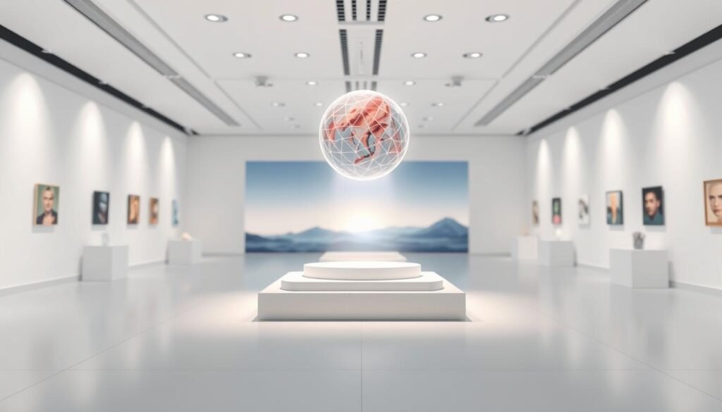 A digital art gallery showcasing a collection of non-fungible token (NFT) bases for beginners. The foreground features a sleek, minimalist display pedestal with a captivating 3D NFT artwork floating above it, casting a soft, ethereal glow. The middle ground depicts a modern, well-lit exhibition space with clean white walls and subtle spotlighting, creating an atmosphere of sophistication and attention to detail. The background subtly blends into a serene, dreamlike landscape, hinting at the boundless possibilities of the digital art realm. The overall scene conveys a sense of wonder, inviting the viewer to explore the intersection of technology, creativity, and ownership in the burgeoning world of NFTs.