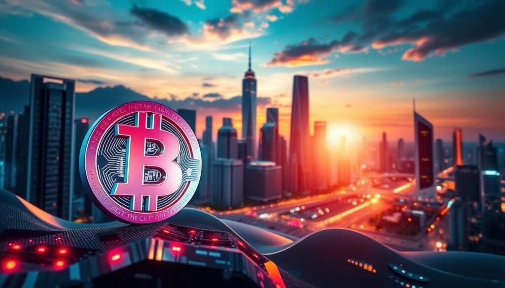 A futuristic financial landscape against a vibrant cityscape backdrop, showcasing the growth and widespread adoption of Bitcoin in 2025. In the foreground, a stylized Bitcoin symbol shines with an iridescent glow, representing the digital currency's increasing mainstream appeal. The middle ground features a bustling city skyline, with towering skyscrapers and sleek, modern architecture symbolizing the integration of cryptocurrency into the global economy. The background is illuminated by a vibrant sunset, casting a warm, optimistic glow over the entire scene, hinting at the promising future of Bitcoin investment. The overall composition conveys a sense of technological progress, financial security, and the excitement surrounding the continued rise of Bitcoin.