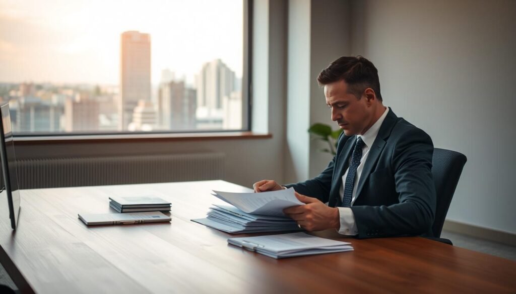 A minimalist office setting with a businessman sitting at a clean, wooden desk, focused intently on a stack of financial documents. Warm, diffused lighting illuminates the scene, creating a sense of calm concentration. In the background, a large window overlooking a vibrant cityscape, hinting at the broader implications of the task at hand. The scene conveys a sense of obligation and responsibility, with the subject fully engaged in the details of financial reporting and disclosure.