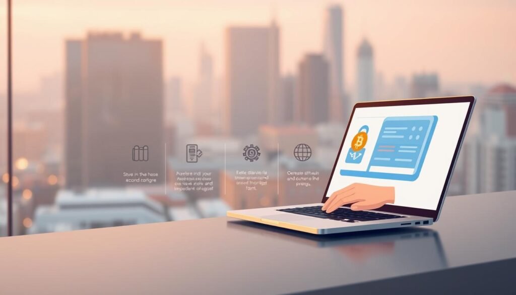 A practical guide to buying bitcoin, set against a modern, minimalist backdrop. In the foreground, a crisp, high-resolution illustration of a person securely accessing a cryptocurrency exchange on a sleek, high-end laptop. The middle ground features simple, clean icons and infographic elements explaining key steps in the purchase process. The background is a softly blurred urban cityscape, hinting at the global, digital nature of the bitcoin ecosystem. Warm, diffuse lighting casts a sense of reliability and trust. Overall, the image conveys a streamlined, authoritative, and visually appealing guide to navigating the bitcoin buying experience.