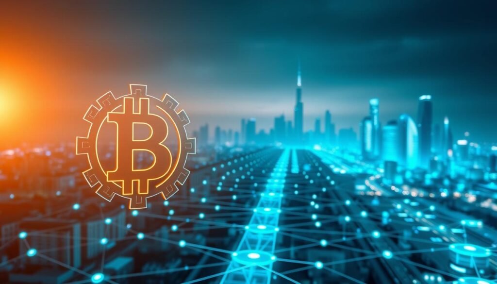 A secure and decentralized blockchain network, with a focus on privacy and transparency. In the foreground, a stylized blockchain symbol composed of interlocking gears and circuits, illuminated by a warm, diffused light. In the middle ground, a series of nodes or devices, each representing a participant in the network, connected by glowing data streams. The background depicts a sleek, minimalist cityscape, with skyscrapers and infrastructure symbolizing the robust and distributed nature of the blockchain system. The overall atmosphere is one of technological sophistication, stability, and the empowerment of individual users through decentralized control.