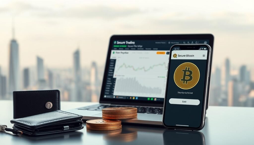 A secure bitcoin trading scene with a digital wallet, a laptop displaying a cryptocurrency exchange, and a mobile device with a bitcoin transaction in progress. The background features a cityscape with skyscrapers, reflecting the modern financial landscape. Soft lighting and a clean, minimalist aesthetic convey a sense of trust and reliability. The overall composition emphasizes the simplicity and accessibility of the secure bitcoin purchasing methods highlighted in the article section.