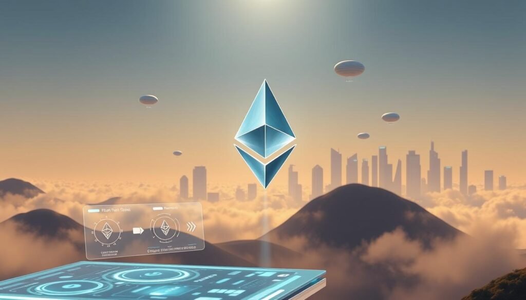 A serene, futuristic landscape depicting the transition to Ethereum Proof-of-Stake. In the foreground, a sleek, holographic interface showcases the staking process, with streamlined controls and intuitive visualizations. The middle ground features a towering, crystalline Ethereum logo, its facets refracting light in mesmerizing patterns. In the background, a skyline of gleaming skyscrapers and floating data centers symbolizes the technological advancements enabling Ethereum's scalability and energy efficiency. Soft, diffused lighting casts a warm, ethereal glow, conveying a sense of progress and innovation. The scene evokes a harmonious balance between technology and the natural world, highlighting Ethereum's transition to a more sustainable, decentralized future.
