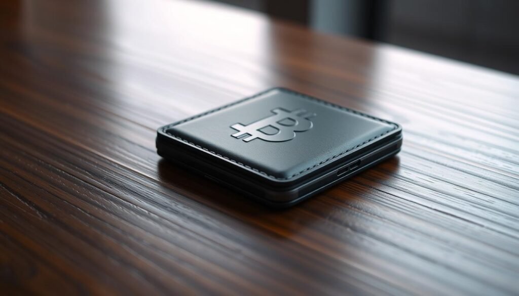 A sleek and modern Bitcoin wallet made of high-quality materials, resting on a polished wooden surface. The wallet has a clean, minimalist design with subtle debossed texture, reflecting the secure and reliable nature of cryptocurrency storage. The scene is illuminated by soft, directional lighting that casts subtle shadows, highlighting the tactile quality of the wallet. The background is slightly blurred, keeping the focus on the wallet as the central subject. The overall atmosphere conveys a sense of trust, sophistication, and technological advancement associated with responsible Bitcoin management.