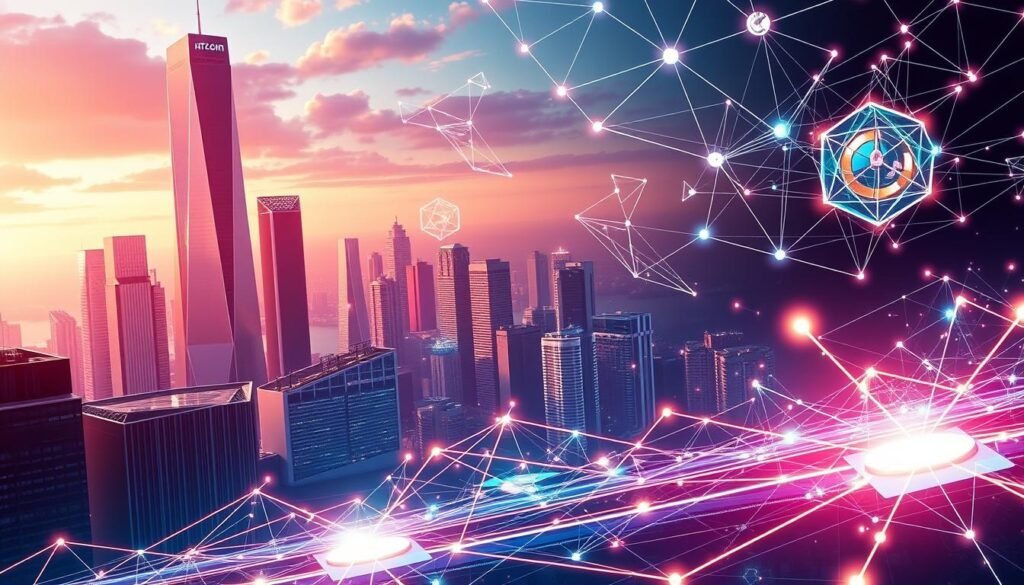 A surreal, visually striking illustration of decentralized protocols and innovations in finance. A sleek, modernistic cityscape in the background, with towering skyscrapers and gleaming, angular structures. In the foreground, dynamic data visualizations and holographic interfaces float and intersect, depicting the complex, interconnected nature of decentralized finance. Geometric shapes, lines, and polygons in shimmering, neon-like hues create a sense of technological sophistication and innovation. Lighting is dramatic, with sharp contrasts and dramatic shadows, evoking a sense of power and dynamism. The overall mood is one of awe, wonder, and the limitless potential of decentralized financial systems.