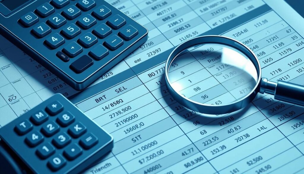 Detailed illustration of cryptocurrency capital gains calculation. A financial ledger displays various cryptocurrency tickers and corresponding buy/sell prices and volumes, with a calculator and a magnifying glass hovering over the data. The scene is bathed in a cool, metallic color palette with subtle lighting, creating a sense of precision and technicality. The overall composition emphasizes the analytical and quantitative nature of cryptocurrency portfolio tracking and tax reporting.
