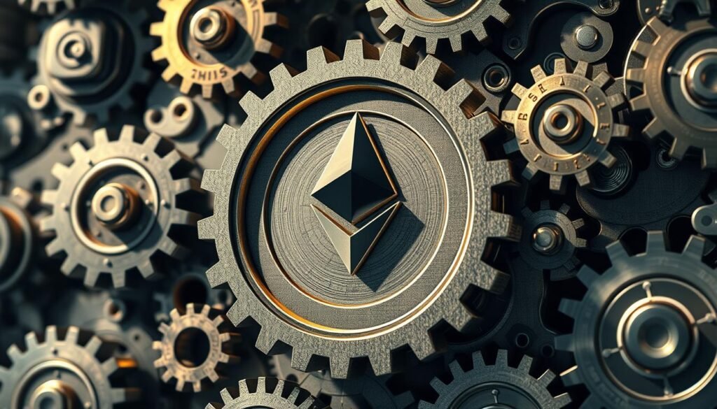 Detailed illustration of the Ethereum Proof-of-Stake consensus mechanism. A large gear representing the staking process, surrounded by smaller gears symbolizing validators, forming a complex interconnected system. The gears are rendered in metallic tones, with intricate textures and mechanisms visible. Soft lighting creates shadows and highlights the depth and dimensionality of the composition. The overall atmosphere conveys a sense of technical sophistication, precision, and the underlying infrastructure powering the Ethereum network.