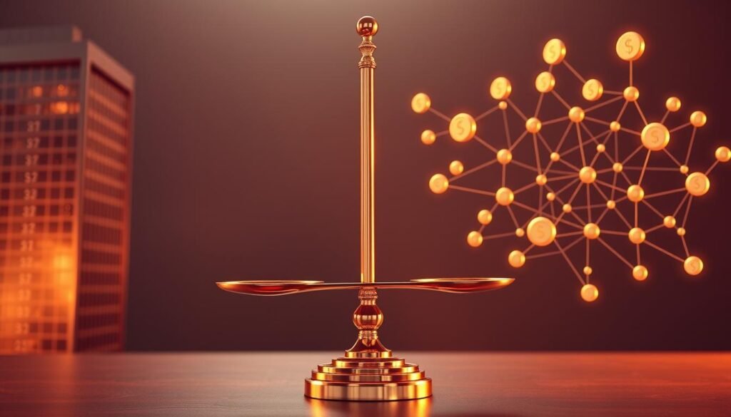 Detailed image of a side-by-side comparison between traditional finance and real-world asset tokenization. On the left, a skyscraper representing the traditional banking system, with a stock chart and dollar signs. On the right, a blockchain network diagram with digital tokens floating above. In the center, a weighing scale balancing the two sides, highlighting the tradeoffs and differences. The scene is lit by warm, golden lighting, conveying a sense of analysis and contemplation. The composition is well-balanced, drawing the viewer's eye to the central comparison. Rendered in a photorealistic style with a crisp, high-resolution quality.