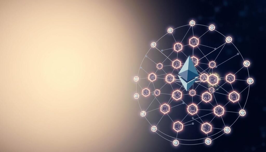 Detailed technical diagram of the Ethereum Proof-of-Stake consensus mechanism. In the foreground, a central node representing the Ethereum blockchain, with nodes orbiting it, each validating transactions through a staking process. The middle ground features a grid of hexagonal structures, each representing a validator node, connected by glowing lines depicting the consensus protocol. In the background, a soft gradient backdrop evokes the abstract, mathematical nature of the system. The lighting is clean, crisp, and technical, emphasizing the precision and complexity of the PoS consensus mechanism. The overall mood is one of technological sophistication and the cutting edge of blockchain innovation.