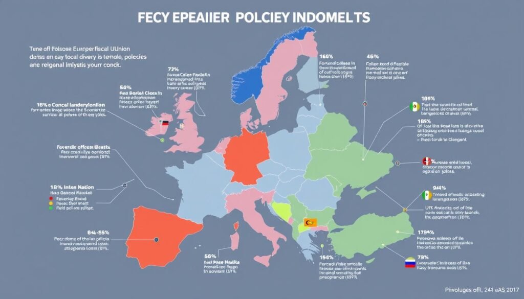 Detailed visual comparison of European Union fiscal policies, showcasing diverse financial landscapes across the region. Sleek infographic-style illustration with minimalist design, clean lines, and vibrant color palette. Prominent data visualizations depicting key economic indicators, tax rates, and regulatory frameworks. Subtle juxtaposition of national flags and currency symbols to denote multinational scope. Carefully balanced composition highlighting both unity and diversity within the EU financial ecosystem. Neutral, authoritative tone conveying complex fiscal information in an accessible, visually compelling manner.