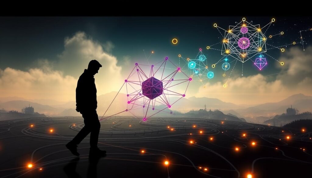 Risques opportunités finance décentralisée : a dynamic composition depicting the dichotomy of decentralized finance. In the foreground, a bold silhouette of a person navigating a labyrinth of lines and shapes, symbolizing the complex risks and challenges of DeFi. In the middle ground, colorful geometric forms and glowing nodes intertwine, representing the vast opportunities and decentralized networks. The background features a hazy, ethereal landscape, conveying the sense of uncertainty and the unknown that permeates the world of decentralized finance. Dramatic lighting casts dramatic shadows, adding depth and drama to the scene. Captured with a wide-angle lens to emphasize the grand scale and scope of the DeFi landscape.