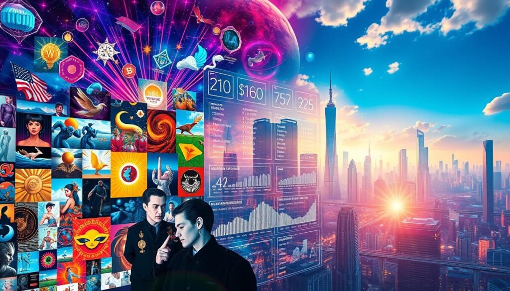 Vibrant digital art canvas showcasing the transformative impact of NFTs on the contemporary art landscape. In the foreground, a captivating collage of digital artworks, each represented by a unique non-fungible token, radiates with vivid colors and avant-garde styles. The middle ground features a dynamic display of auction data, market trends, and artist profiles, illustrating the burgeoning NFT art ecosystem. In the background, a dreamlike cityscape of towering skyscrapers and futuristic architecture reflects the digital realm's integration with the traditional art world. Warm, cinematic lighting bathes the scene, evoking a sense of wonder and innovation.